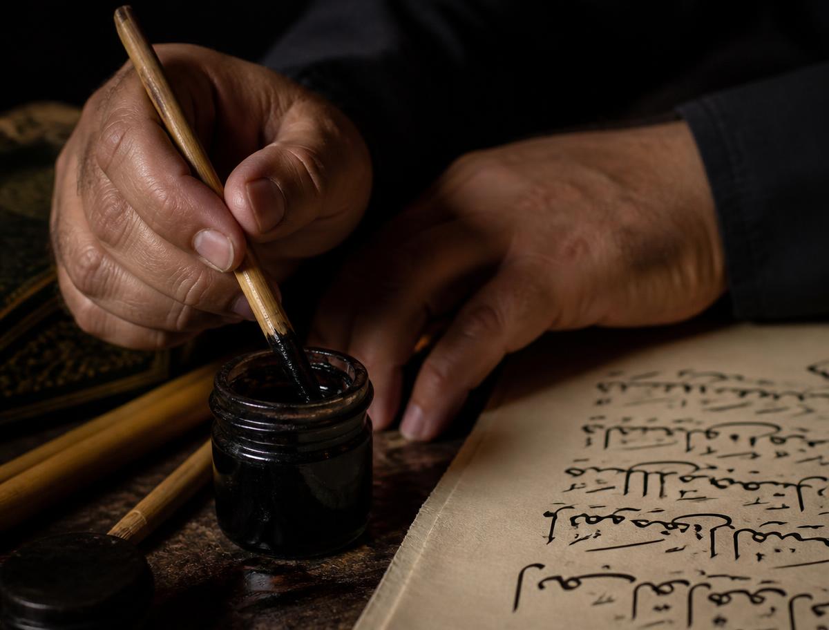 يدا خطاط تغمسان قلم القصب في الحبر بجوار مخطوطة عربية